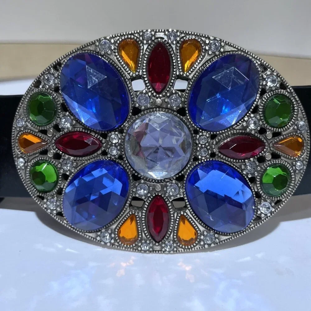 Amiee Lynn Leather Belt Colorful Jeweled Buckle Size L/XL Statement Western